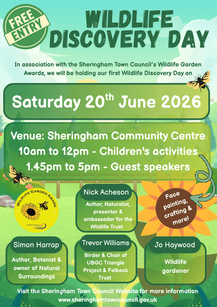 Poster promoting Wildlife Discovery Day on Saturday 20 June 2026 at Sheringham Community Centre